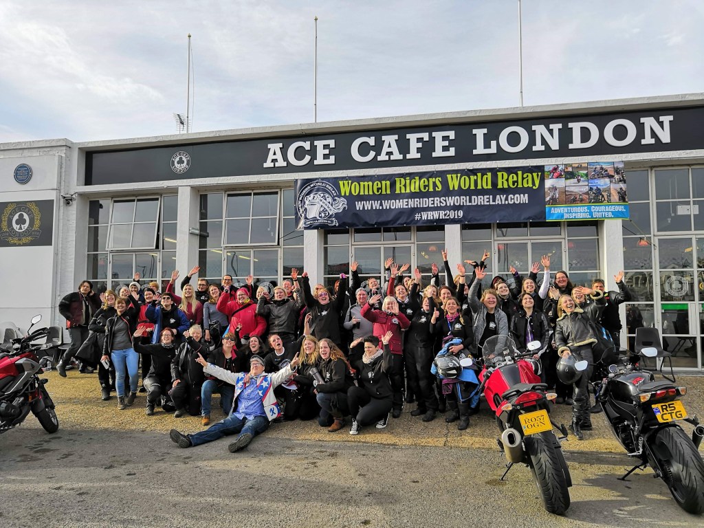 Lady motorcyclists outside Ace Cafe for WRWR launch event