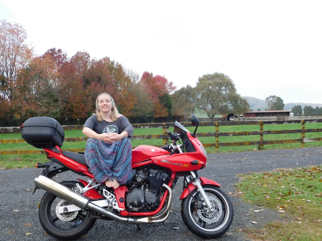 Sitting on my motorbike in the New Zealand countryside