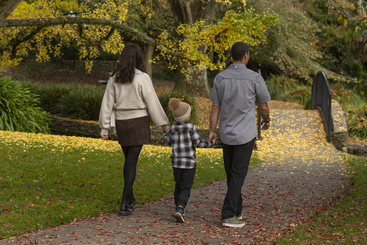 A lifestyle family portrait photo of a young family holding hands whilst walking through a park in autumn. Taken by Te Awamutu, Waikato based photographer, Donna from Donna May Photographer