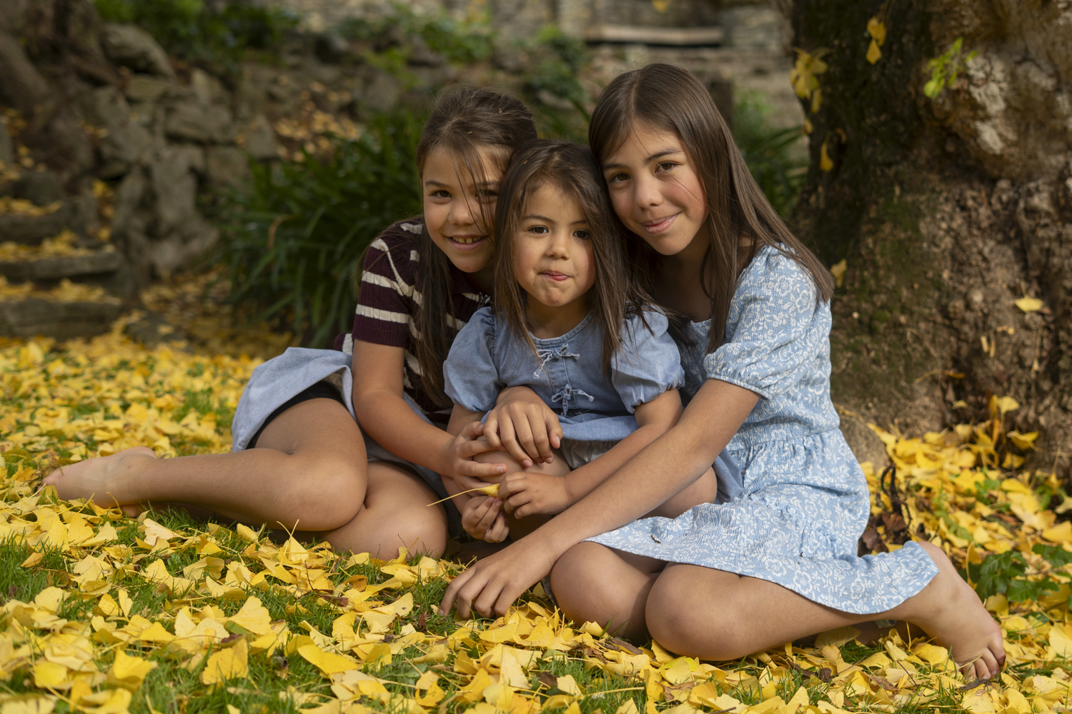 A lifestyle portrait photo of three young sisters sitting amongst the autumn leave. Photo taken by Te Awamutu, Waikato based photographer, Donna from Donna May Photography